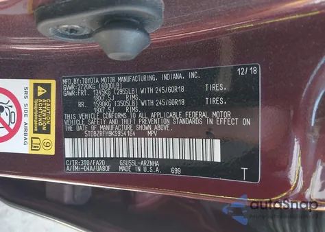 2019 Toyota Highlander Le Plus z USA, uszkodzony, nr VIN 5TDBZRFH9KS954164